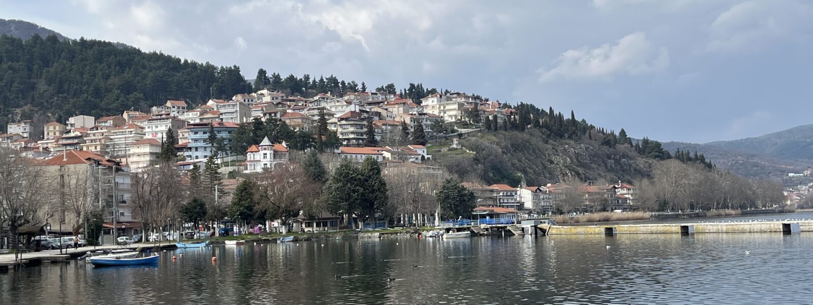Панорамна гледка към Кастория с къщи по хълма и лодки в езерото Орестиада